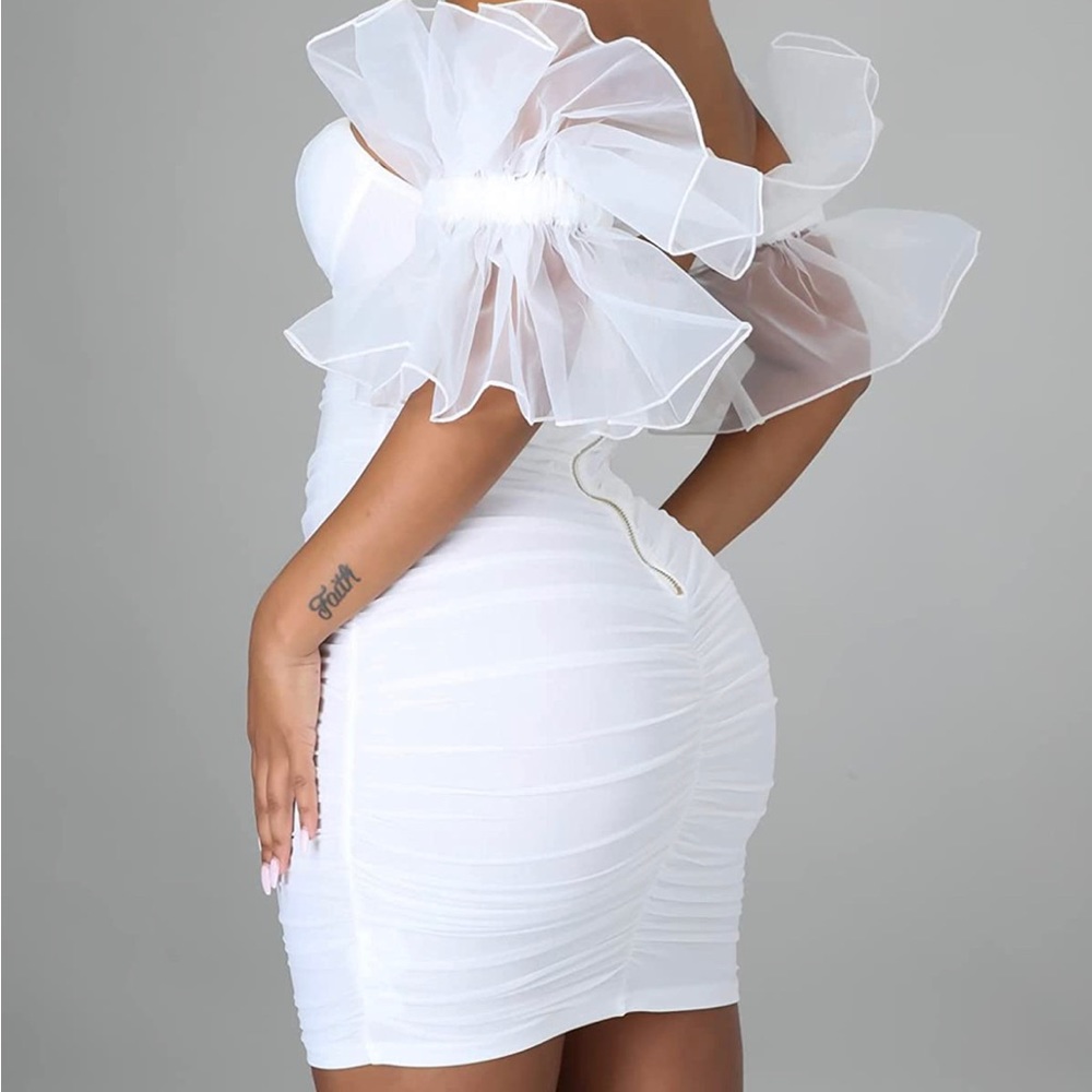 White puff off the shoulder mini bodycon dress